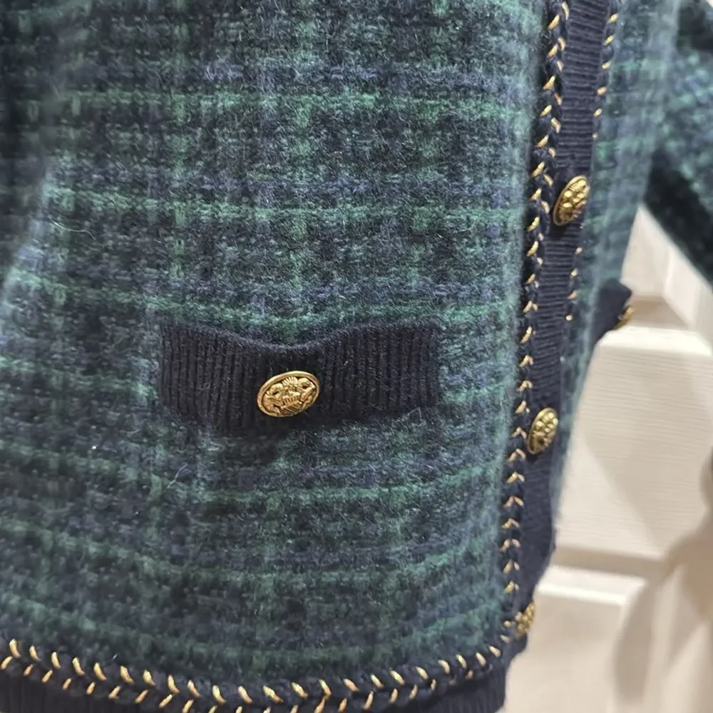NWT. C by Bloomingdale's Cashmere Tweed Cardigan. Navy Combo. - Picture 3 of 6